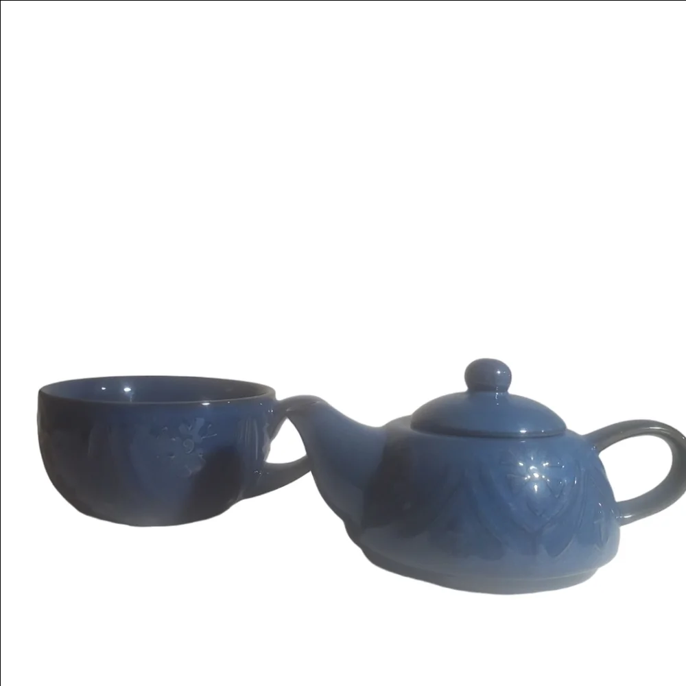 Vintage PIER 1 'Tea For One' Ceramic Stonewear Teapot Tea Cup Set Blue EUC